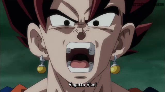 a close up of a cartoon character with the words " vegetto blue " in the corner