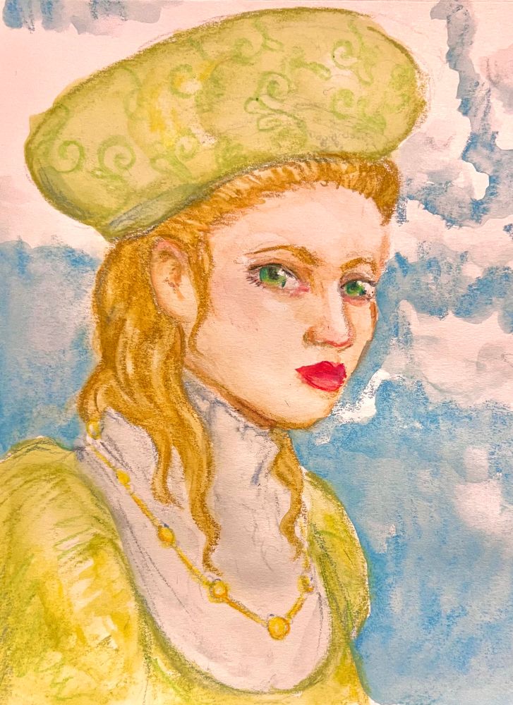 A girl with a green hat and dress, with a golden hair and necklace against a blue background. 