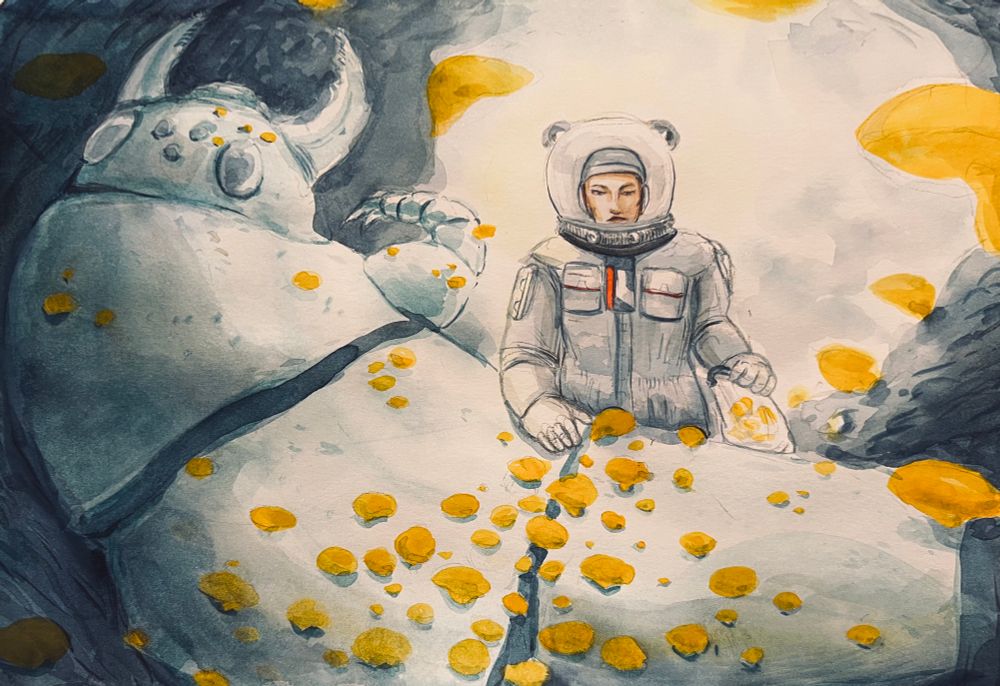 A woman in a space suit collecting orange mushrooms off of a giant bug carcass. 
