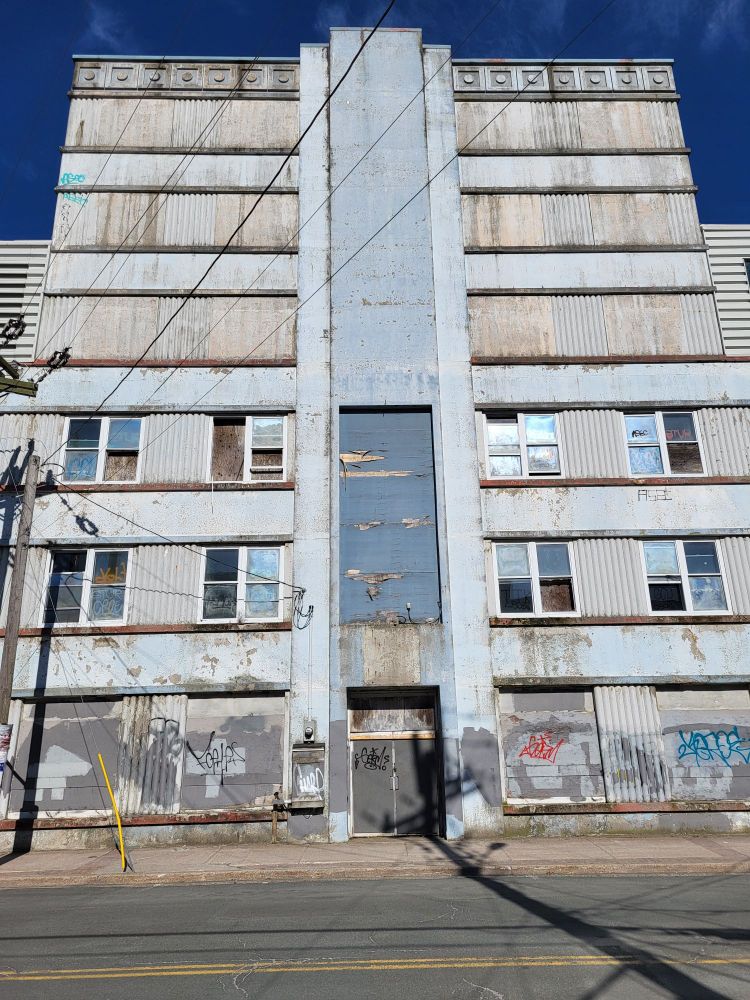 View of a building on Duckworth St in St John's. The brick faced building is long closed. Windows are broken. Shadows of telegraph poles reach toward the door.