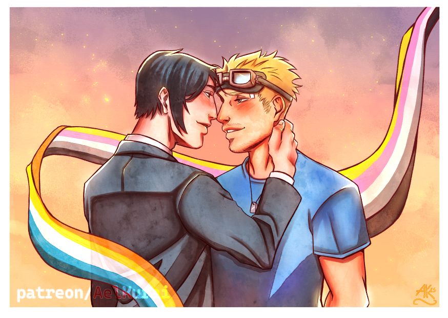 Illustration of Vincent Valentine ( turk version) and Cid Highwind. 
The background colors range from purple to yellow.
The flags represent queerplatonic (right) and aroace (left) people.