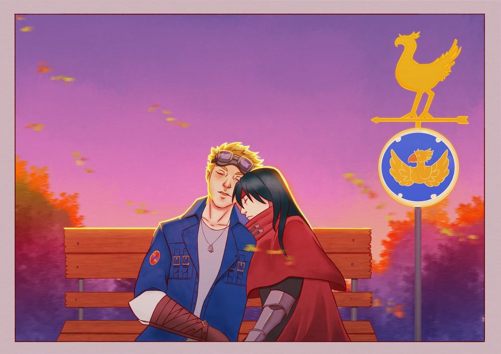 Fanart of Cid and Vincent. They are sitting on a bench, one against the other.