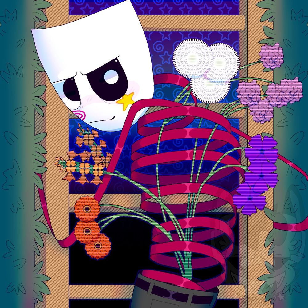 Manager Gangle with her shirt off, view from behind. She is turned and looking back at the viewer.

In front of her is a wooden structure with bars between them, kinda like a ladder. She is holding on both sides  Bushes are on either side, slightly overlapping the structure.

Once again, flowers are coming out of her body. Gerbera daisies and the gladiolus flowers are on her left side, white chrysanthemum is in her midline, and carnations and petunias are to her right.

Background is dark blue that fades to black, with a lighter swirl and star design within the blue.