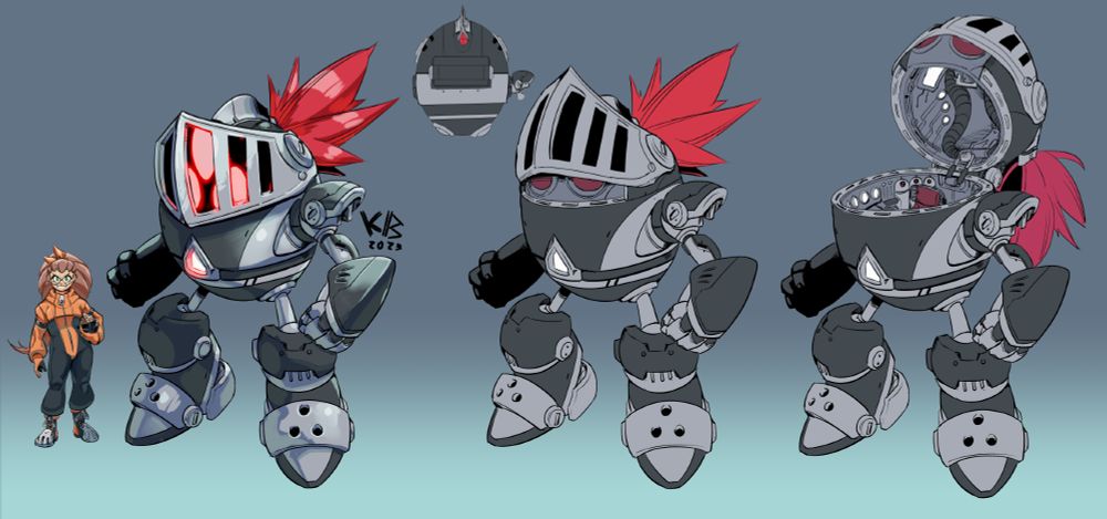 A design for the egg shaped robot Northstar with Esmeralda standing side by side with it, giving it a bit of scale.