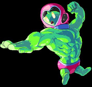 A character splash pose of Gluup, a slime alien that can shapeshift. Gluup is forming a huge, muscular chest and arms while their little stubby legs remain small.