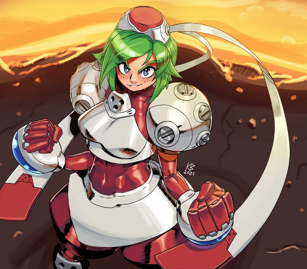 A high angled shot of Marina, standing with clenched fists at her sides. She's standing on a rocky platform with lava flowing behind her.