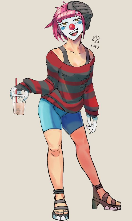 Hatch-It with a drooping beanie over one side of her head. She's wearing a loose, longsleeve, striped shirt whose colors are akin to Freddy Krueger's. She's wearing aqua colored bicycle shorts and heeled black sandals with a tooth motif. She has a cup of boba tea in her clawed hand.