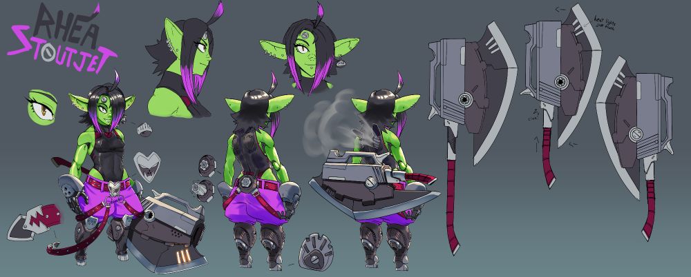 Character sheet for Rhea, a goblin with visible augments and wields a very large, mechanical axe