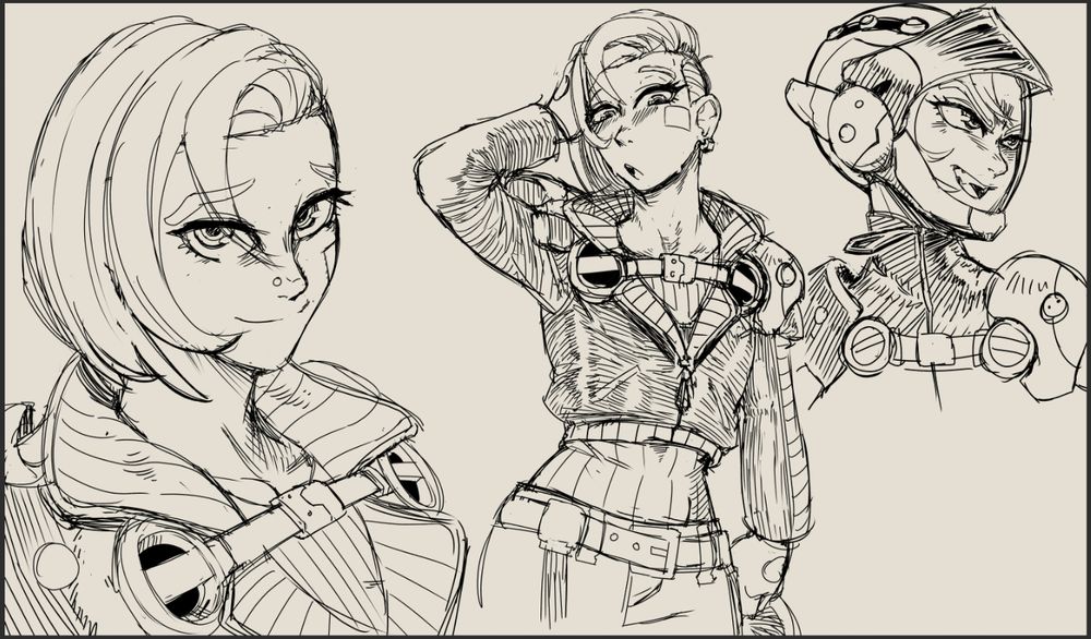 various sketches of the character Audrey, who sports a sidecut and cropped leather jacket with metal shoulderpads strapped on to it. One sketch of her close up, slightly angled down. Another more of a half body portrait of her sweating and her right hand in her hair, while she holds her helmet in her left. A final doodle of her jacket zipped all of the way up and she's wearing a high tech helmet