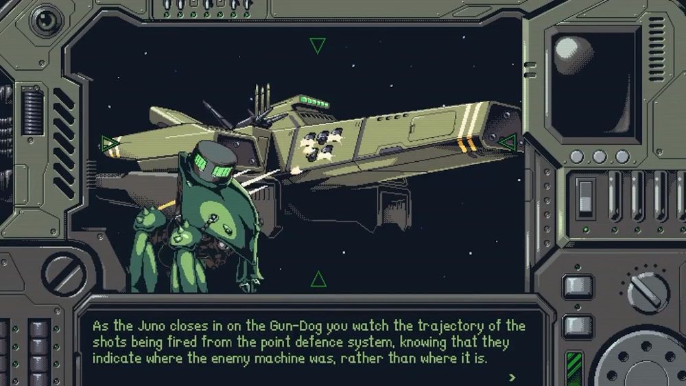 A screenshot from Stories from Sol: The Gun-Dog where the gun dog is firing upon a mysterious bug-shaped craft