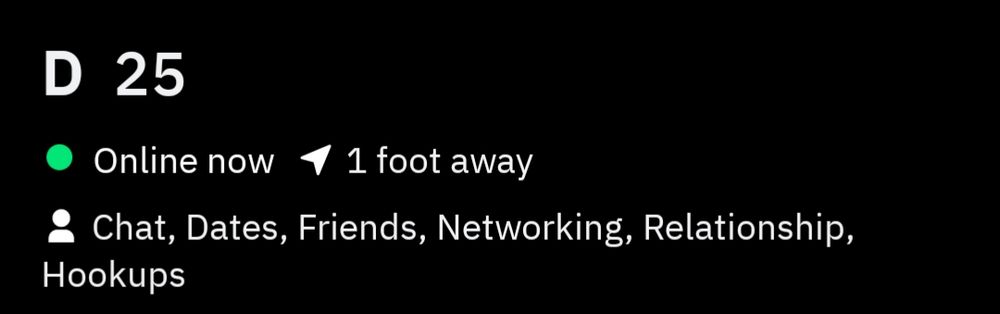 Screenshot of part of a Grindr profile, indicating that the person is online and located a foot away from OP