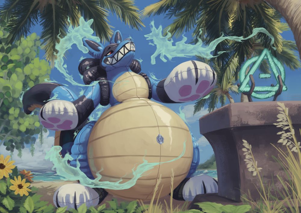 fresh transformed hybrid pooltoy stands among beach flora on tropical gulf coast, pedestal ahead of them with glowing theta delta held in stand, three critter spirits float around him