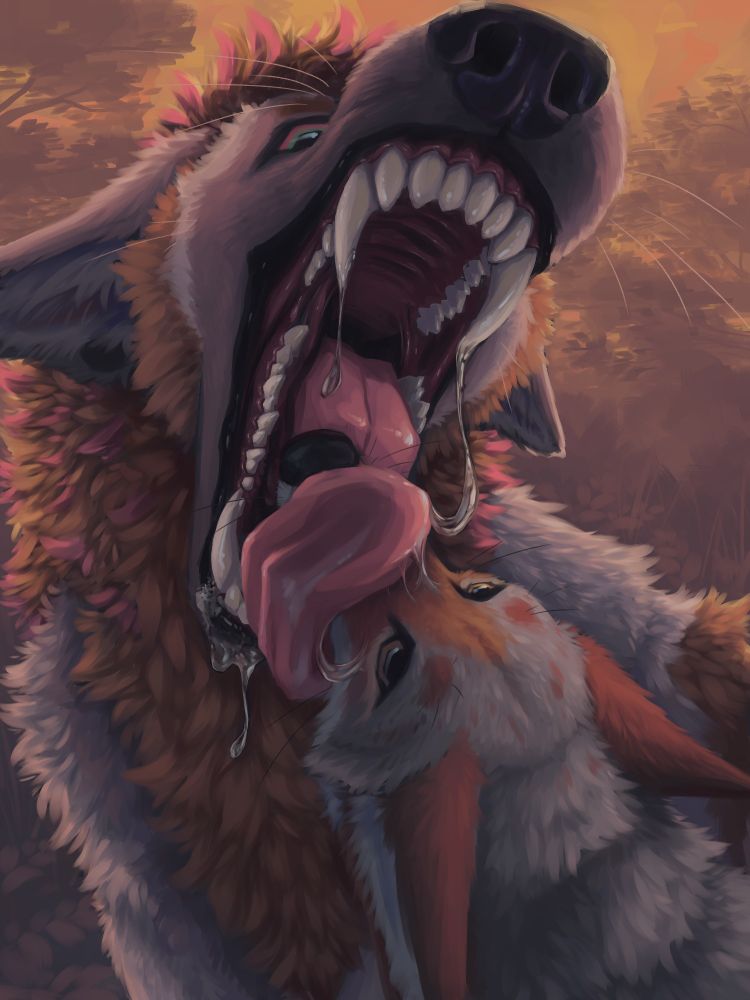 painting of werewolf and coyote, werewolf has coyote in their maw with tongue wrapped around its muzzle
