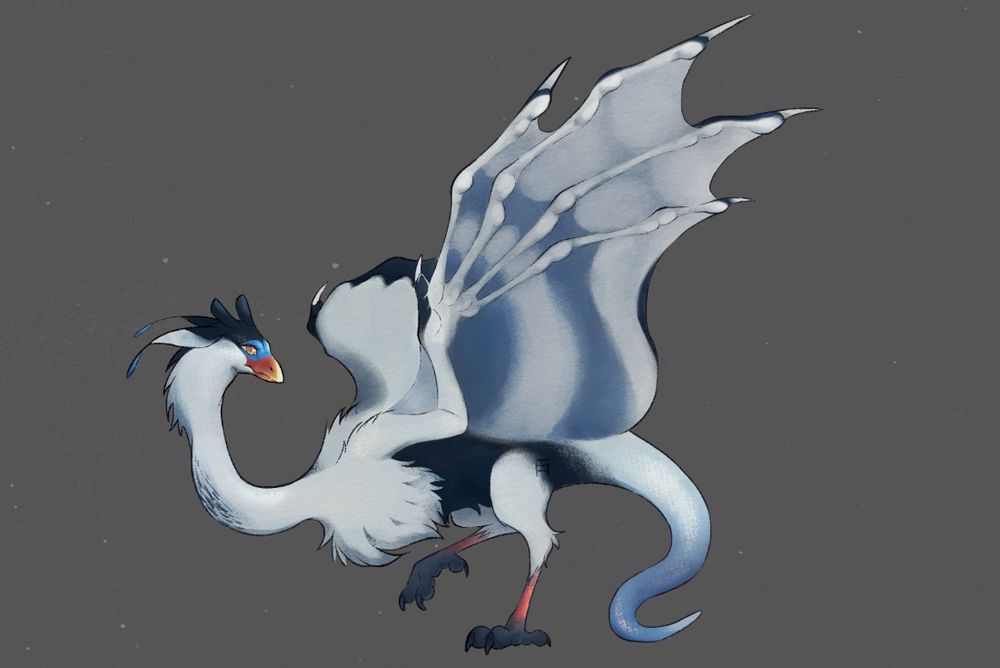 A dragon design based on a species of crane, the top of wings are white wih black details, and the bottom side is gray with blue large stripes. The moth has a gradient of dark orange to yellow, and around the eyes there's a blue mask. The top of the head and belly are a very dark blackish blue.
