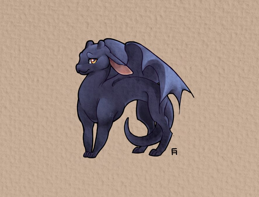 black dragonling with golden eyes and small stubby horns. it also has its tail between the legs, since its afraid