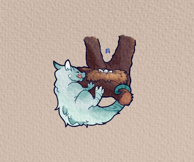 Drawing of a mint-colored wingless dragon with a furry back and a prehensible tail, ready to snack 3 eggs in a unnatended nest