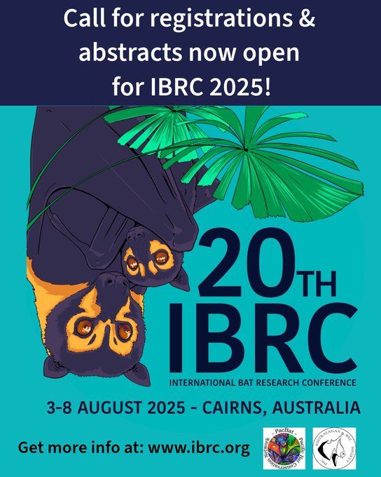 Image shows the conference logo, a digital artwork of a mother and pup spectacled flying-fox and a fan palm.