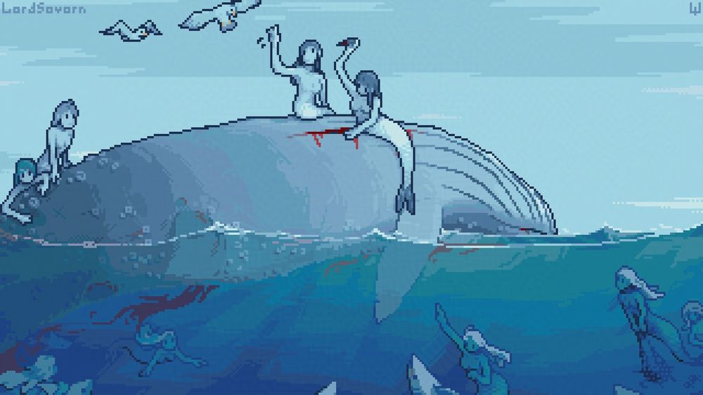 A pixelart scene of a large, relatively fresh dead whale gently rolling on the greenish waves beneath a light gray sky. Multiple mermaids are seen on the carcass and in the water below it - cutting into the thick blubber, shooing seagulls, bringing more tools and shark friends to the feast