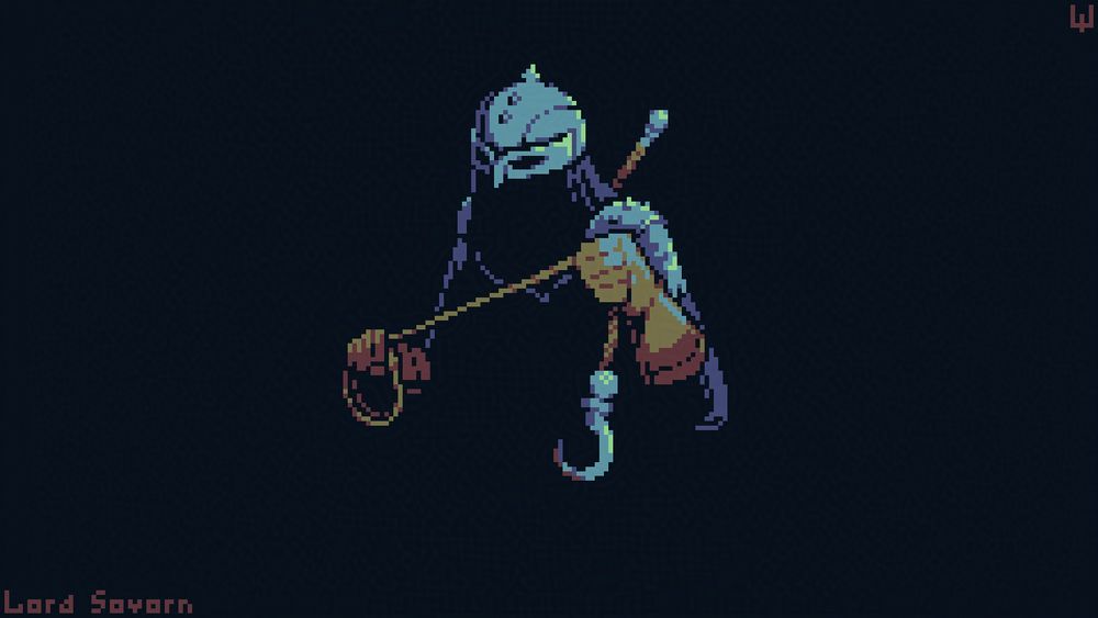 Fanart of Darkest Dungeon's Bounty Hunter - a quiet murder man in a helmet with a shroud (vaguely looking like a predatory bird within constraints of practical design), pulling taut his rope with a hook, axe handle visible over his shoulder.