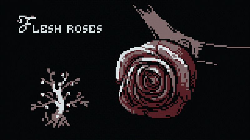 Flesh roses. A close-up of the "flower"-fruit, which consists of half-centimeter-thick meat petals with some fat on the edges; arranged into a shape of a rose, growing from a branch.

A sketch of the tree itself - short, twisted and branching out 