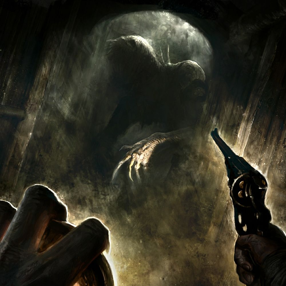 French Chimpanteater, also known as the Stalker or the Beast (Amnesia: The Bunker)

Here is poster where it is half-concealed in shadows and dust, but you can see a huge deformed humanoid silhouette with a horrible toothed maw and echoes of humanity in its profile, something sharp sticking out of its back, and a long arm with monstrous claws