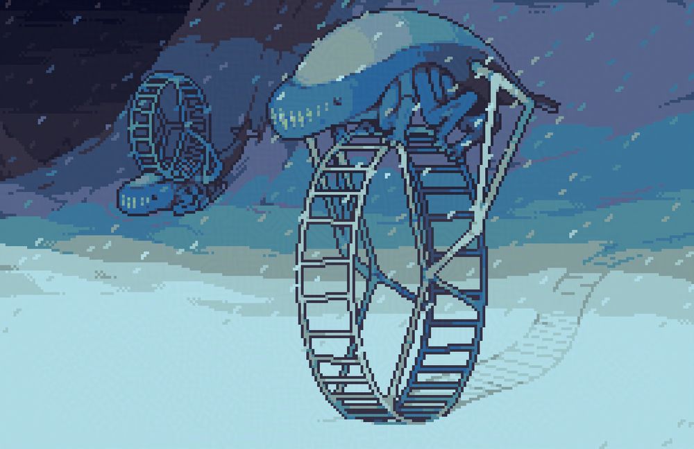 Two creatures in snowy twilight hills. Each has a large "hamster wheel" out of thin, bony joints and protrusions, connected to the main body via long limbs on the sides. One of the creatures is perched atop its wheel, the trail behind it indicating it was literally rolling on it. The other, in the distance, has its wheel pressed against its back and its limbs tucked in, and you can see the trail of it sliding down the hill like a sled.

Besides the wheel, each creature is subdivided vertically into a bright hump on the back, a darker middle part and a bright belly. They each have six limbs with medium-sized claws, no visible mouth and a row of shiny vertical eyes with two dark round ones on the edges.