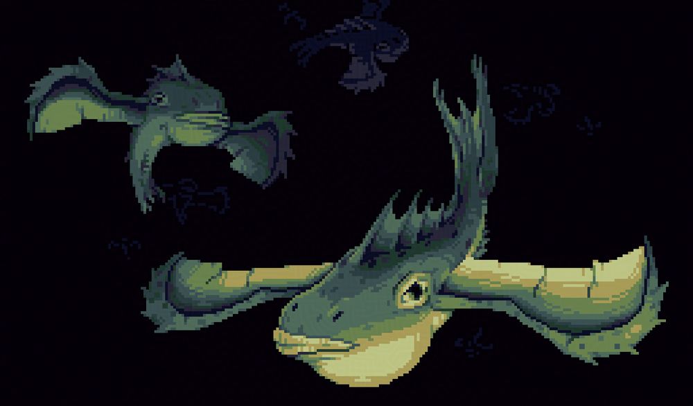 Flying fish-bat creatures, with huge heads, leathery wings and fins on the back. They have distinct lips and big round sacks under their chin, and their big bulging narrowed eyes are set almost near the shoulder