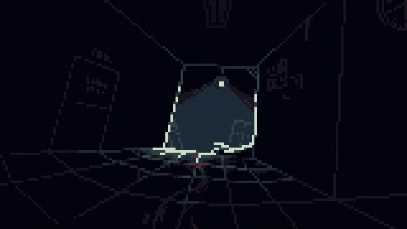 A dark tiled hallway from a fish-eye perspective near the floor. A lightbulb in the larger space directly in the front illuminates the corners of the entrance, as well as the outlines of a hand is near the floor, with a gesture of alert exploration. A closed "push" door with an inactive lamp above it. A corner of a clock. Unintelligible posters. Smudges of something on the floor. Closer to the light you can see it's red.
