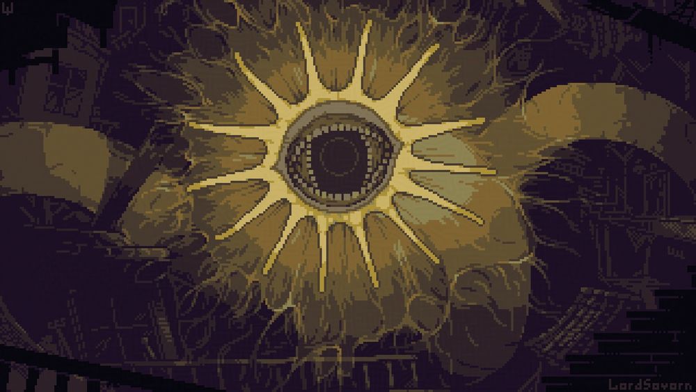Pixelart of the giant Mongolian Death Worm from Dandadan - an enormous earthworm "staring" at the viewer from among the ruins with its eye-like maw of human teeth, surrounded by a circle of tentacle/rays/eyelashes, radiating an aura/korona/iris of dazzling, nauseating yellow light