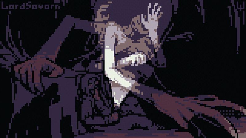 A dark cave scene, where a person lies hunching on the ground, giving the viewer a sign to keep quiet with one hand and shining a flashlight over their shoulder with the other. In the light of the flashlight and warm glow coming off-camre, a huge monstrocity with many arms is illuminated, looking past as if listening intently. One hand almost brushes the figure as it reaches just to the side of you