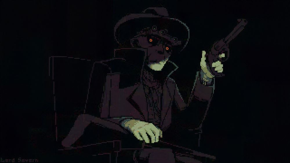 A stern old man in a coat in a chair, sharpy lit by a close light source. His face is partly in shadow of a cowboy hat, but his irises are bright and warm. One hand rests on a shotgun across his legs, another is holding a revolver. There are little tubes attached to the vein where the arm is visible a bit.