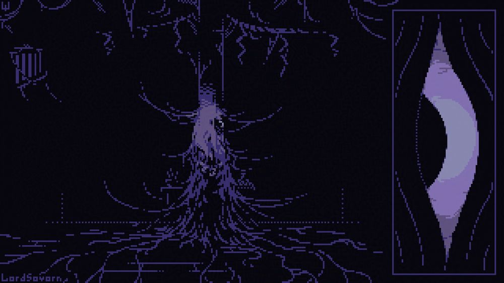 Pixelart of a dark room with a ghostly silhouette looking at you over the shoulder - even though it looks like their gaze should have been interrupted by a pillar to which this small person seems to be tied. Their pale disheveled hair connects in thin strands to objects in the room, akin to cobwebs, and flows down the floor like a network of micelea. On the right an exaggerated extreme close-up of a side-eye is depicted