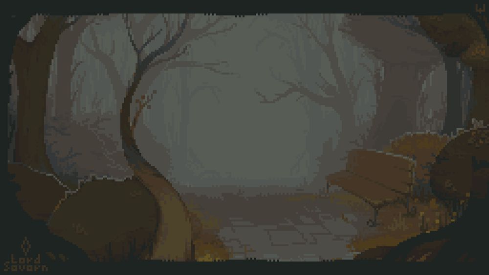 A desatured late autumn scene in some kind of park (trees, bushes, a bench), background slowly disappearing into fog.