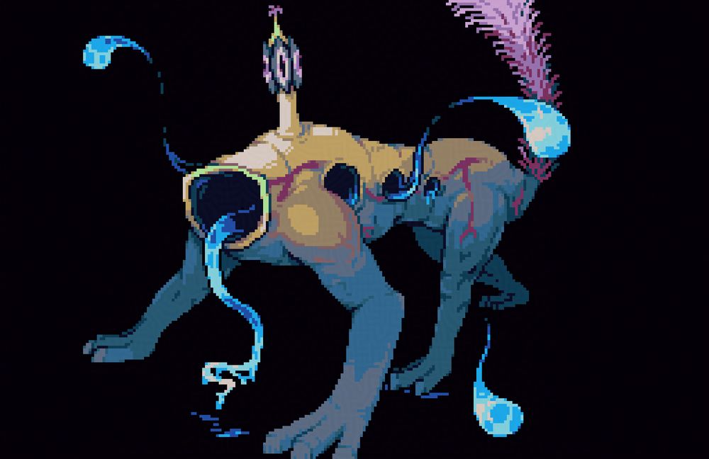 A headless, furless hound creature with subtly segmented body akin to a termite, large veins, a gaping hole with a long tongue dripping blue liquid on its front, three pairs of similar tongue-less holes on its sides, and an upright tail with longs hairs sticking out in all directions. On top of it is a protruding stalk with vertical eyes. Large droplets-blobs of blue liquid emerge out of its side holes and curve through the air, as if tracking the creature's prey