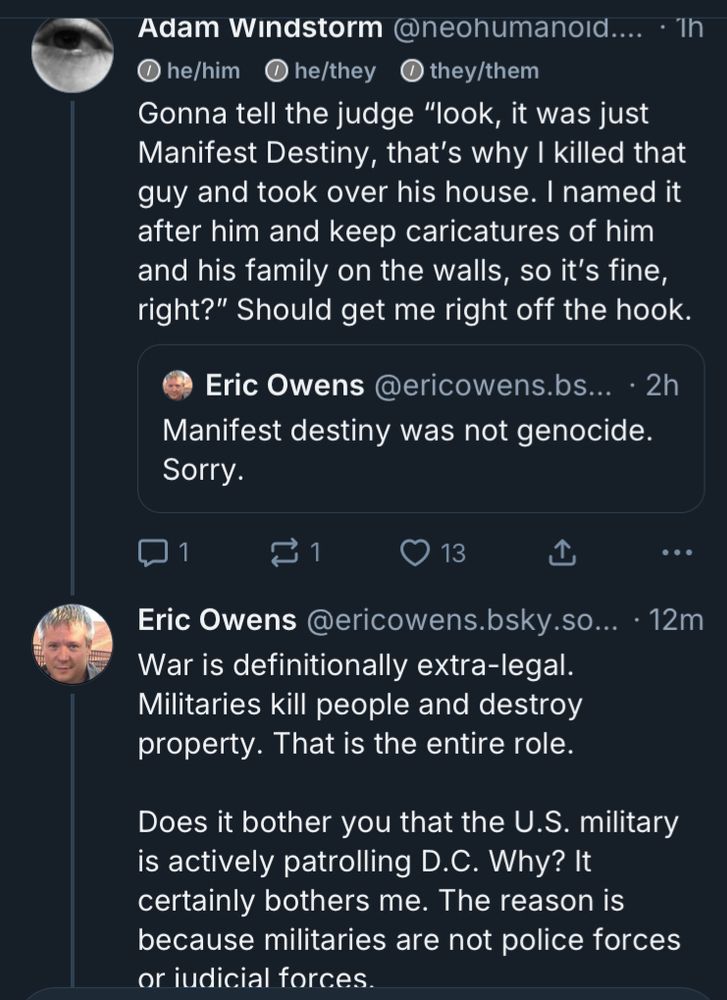 Calling out a Fascist dipshit who thinks genocide is fine when people he likes does it. He starts ranting about police in DC for some reason as if he thinks I think it’s okay?? 