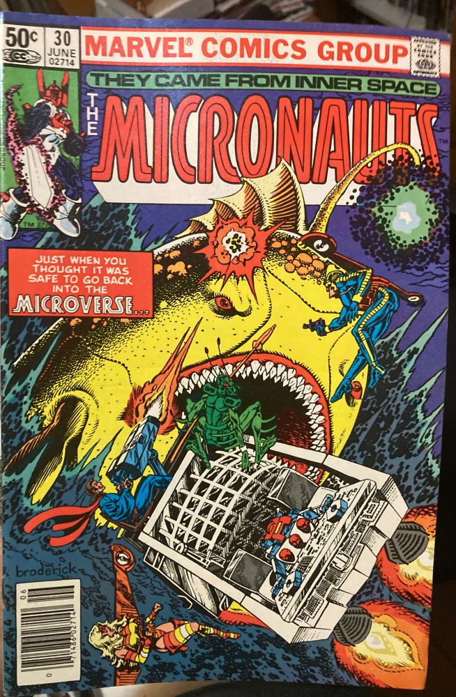 An issue of Micronauts #30, cover presented. The Micronauts battle a giant, anglerfish-like creature. “JUST WHEN YOU THOUGHT IT WAS SAFE TO GO BACK INTO THE MICROVERSE!”