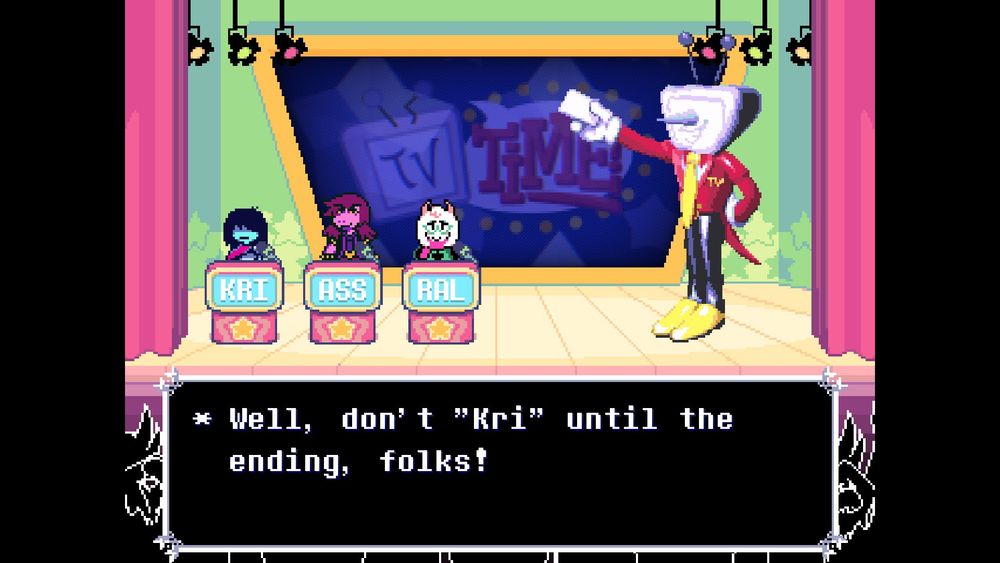 The name input screen from chapter 3 of Deltarune. Kris has put in "KRI" and Tenna is saying "Well, don't "Kri" until the ending, folks!" which is a reference to the tagline in the Japanese commercials for the NES game Mother,  エンディングまで泣くんじゃない