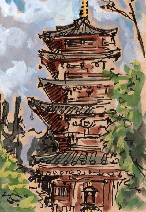 Hondoji pagoda, on a bright day with fluffy white clouds behind it, drawn with a brush pen and painted in a mix of gouache and watercolors on medium brown toned paper.