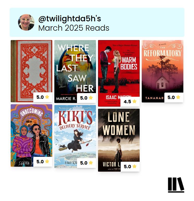 Books read in March
The Rubiyiatt
Where They Last Saw Her
Warm Bodies
The Reformatory
Unbecoming
Kiki’s Delivery Service
Lone Women