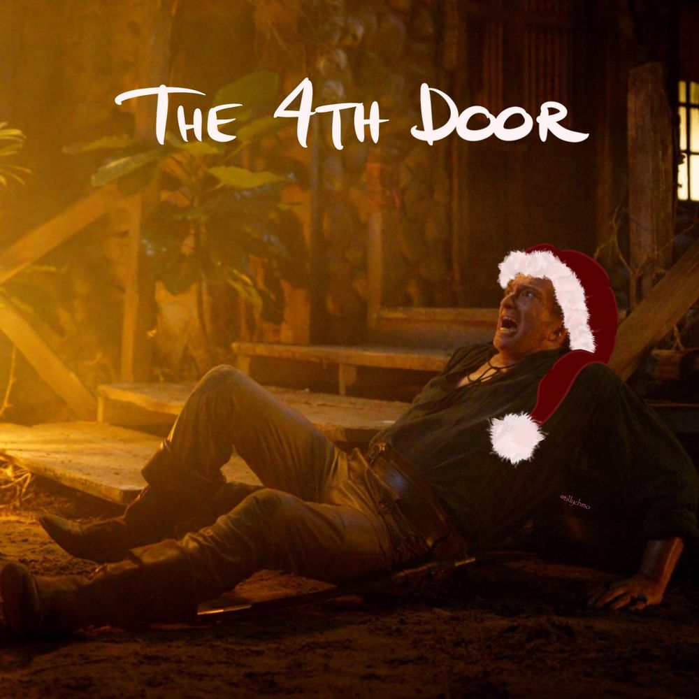 Digitally altered image of Stede from Our Flag Means Death.

It’s a still from episode 7 of season 2, from when Stede is on the ground having his arse handed to him by Zheng – it seems to be from right before he says “Mercy … beaucoup!” 👀🙈

The image has been digitally altered by drawing a Santa hat on Stede’s head. (It looks incredible – AND incredibly silly 🙈😂)

There’s a headline across the top of the photo reading: “THE 4TH DOOR”.
