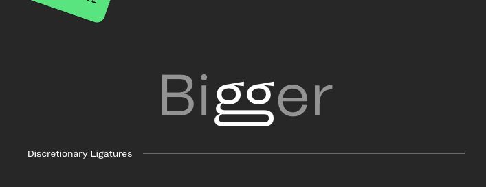 Gray text on a black background that reads Bigger. The 2 g's are white and the tails of the g's are combined. Underneath it in small text reads Discretionary Ligatures.