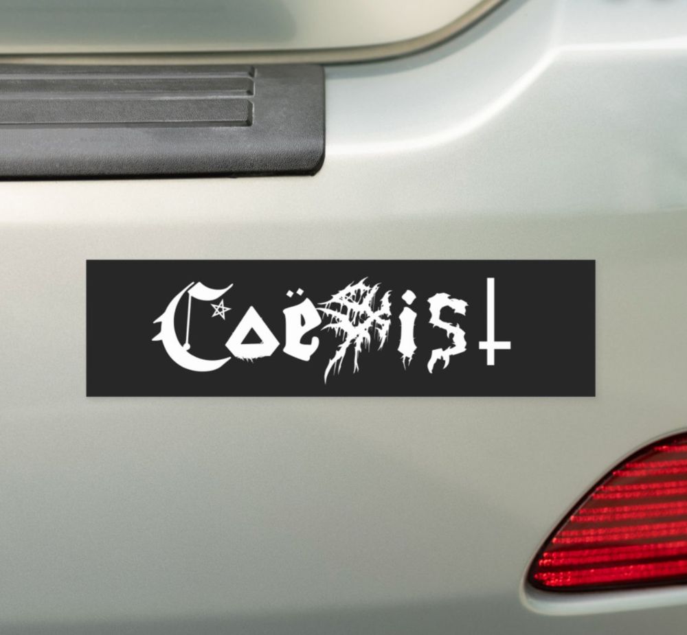 a bumper sticker that reads 'Coexist'in a bunch of typefaces and icons that represent iconic metal genres