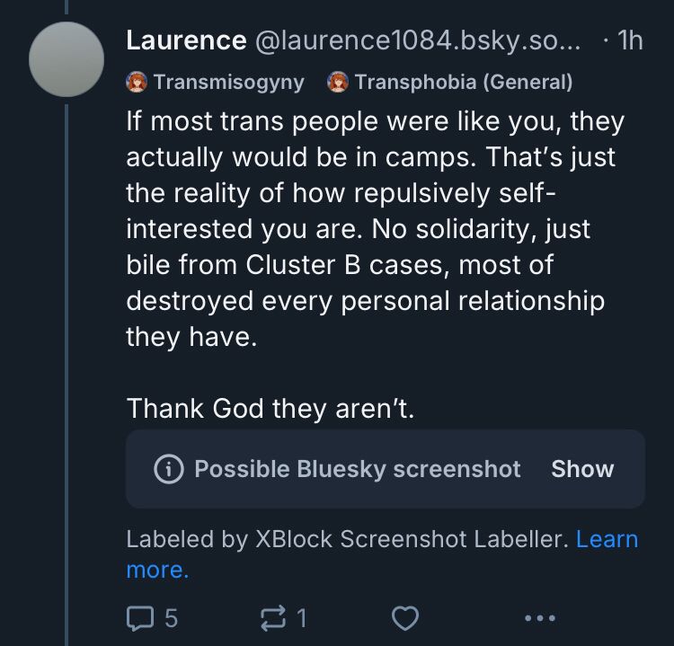 Screenshot of the above post, so that I can block this worm. 
Laurence @laurence1084.bsky.social, now with transmisogyny and transphobia (general) labels from asukafield, writes:
“If most trans people were like you, they actually would be in camps. That’s just the reality of how repulsively self-interested you are. No solidarity, just bile from Cluster B cases, most of destroyed every personal relationship they have. 

Thank god they aren’t”