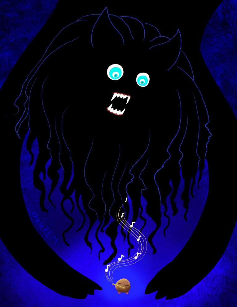 illustration of a small round creature playing the flute as a gigantic black shaggy-headed monster towers over it. the small round creature is unconcerned about the situation. the giant monster looks at it with what I like to think is curiosity.