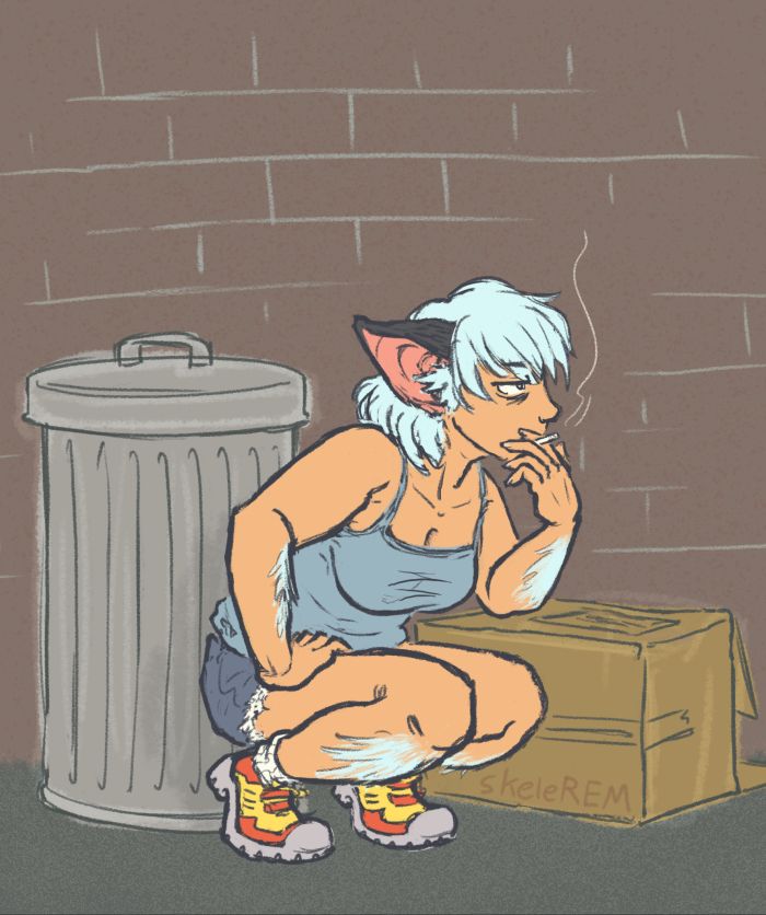 a young woman with white hair and cat ears is in a trash-filled alleyway smoking a cigarette. She is crouched in a way where she is resting her body weight onto the heels of her feet. She has white fur on her forearms and shins, is dressed casually in a tank top and cutoff shorts, and has brightly-colored sneakers. She looks exhausted.