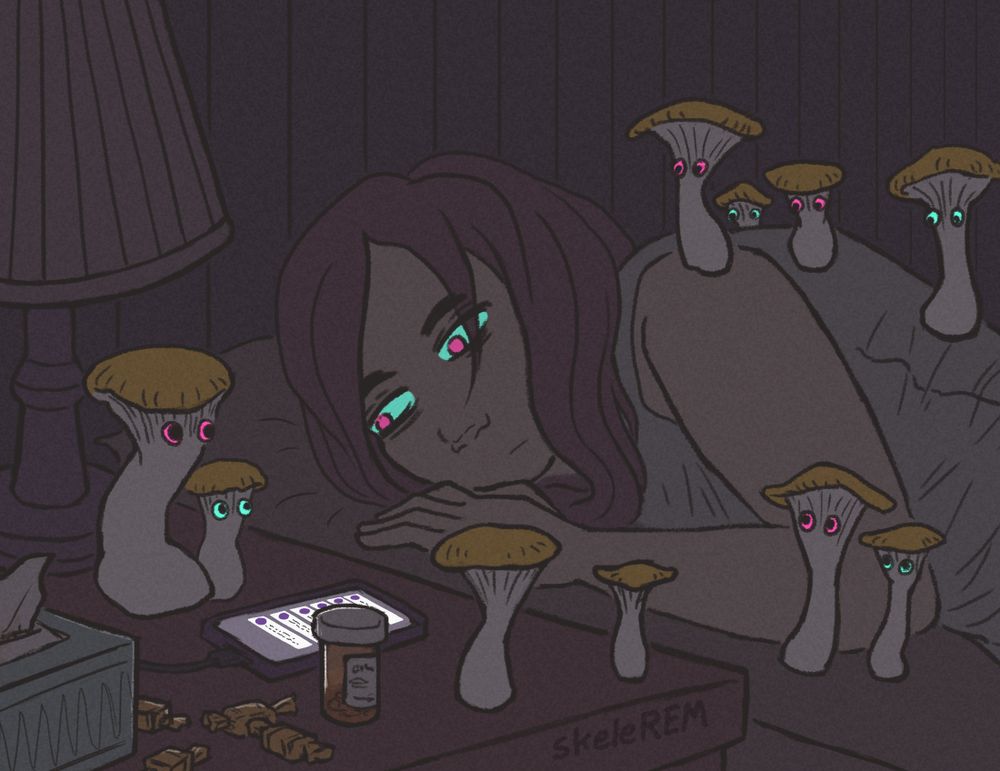 a young woman lies in bed in a dark room. Her eyes are bight vivid colors, making them appear to glow. there are mushroom creatures with similar bright eyes that are gathered together on her bedside table, next to her on the bed, and on top of her. they are all staring directly at her. she is staring blankly at a cell phone on her bedside table which has multiple text message notifications visible on the screen.