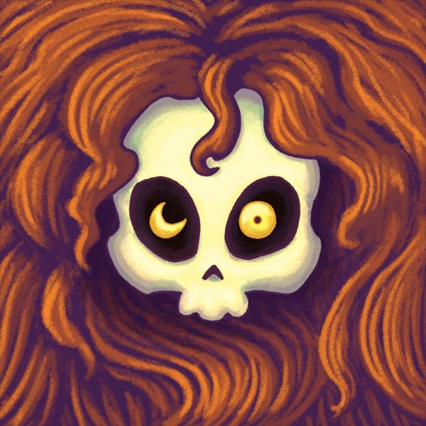 A skull surrounded by curly brown hair, with glowing golden eyes in the skull's otherwise dark eyesockets.