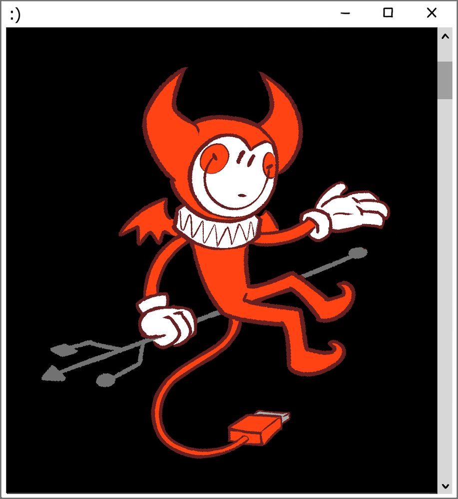 art of Caroline, one of the characters from dev palmer's game re:curse, appearing inside of a computer window. her outfit had been changed to make her look like a devil with a USB cord for a tail. She is holding a pitchfork that is designed to look like the USB symbol.