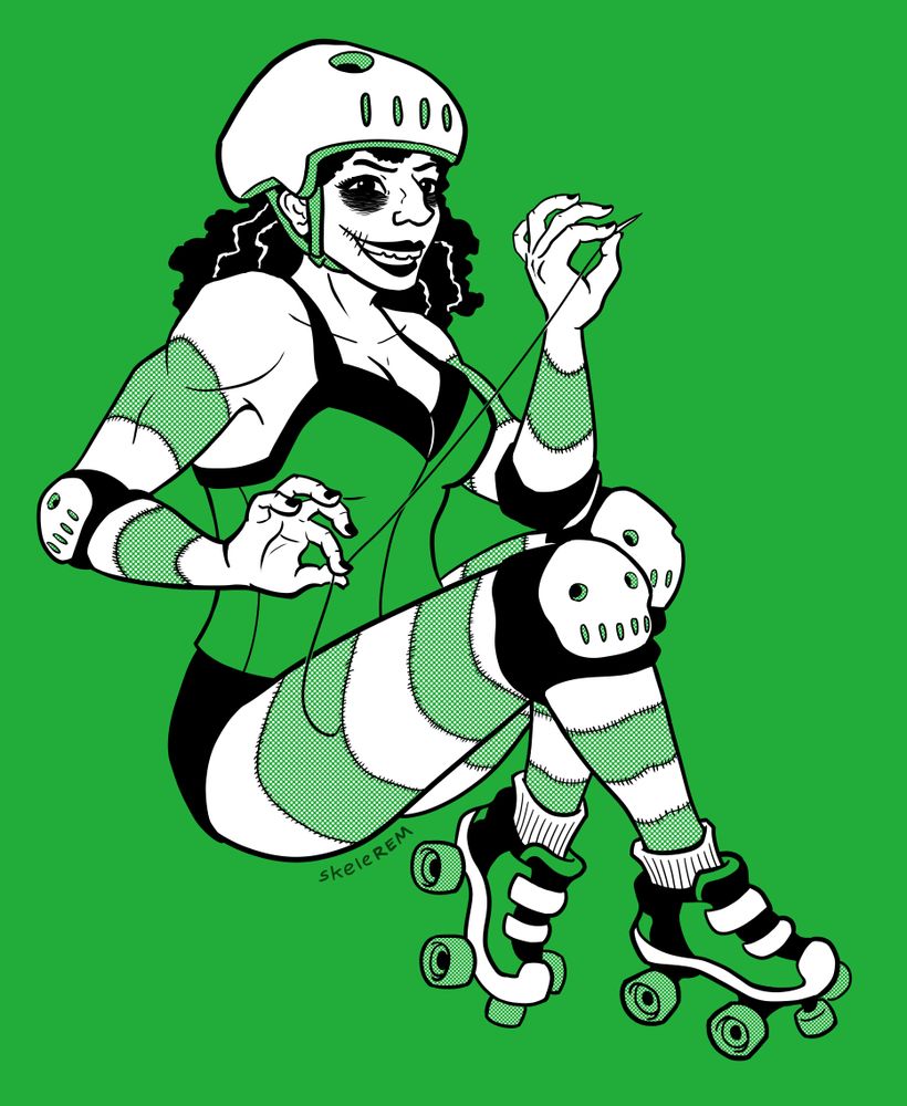 a frankenstein woman in a roller derby outfit, posed in the style of pinup art. her arms and legs are sewn from different arm and leg parts, giving them a striped appearance. she is using a needle and thread to repair the stitching on her legs and is smiling at the viewer