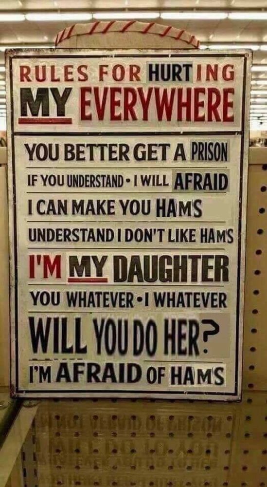 a metal sign hanging on a store shelf, excessively photoshopped

RULES FOR HURTING MY EVERYWHERE
YOU BETTER GET A PRISON
IF YOU UNDERSTAND - I WILL AFRAID
I CAN MAKE YOU HAMS
UNDERSTAND I DON’T LIKE HAMS
I’M MY DAUGHTER
YOU WHATEVER - I WHATEVER
WILL YOU DO HER?
I’M AFRAID OF HAMS